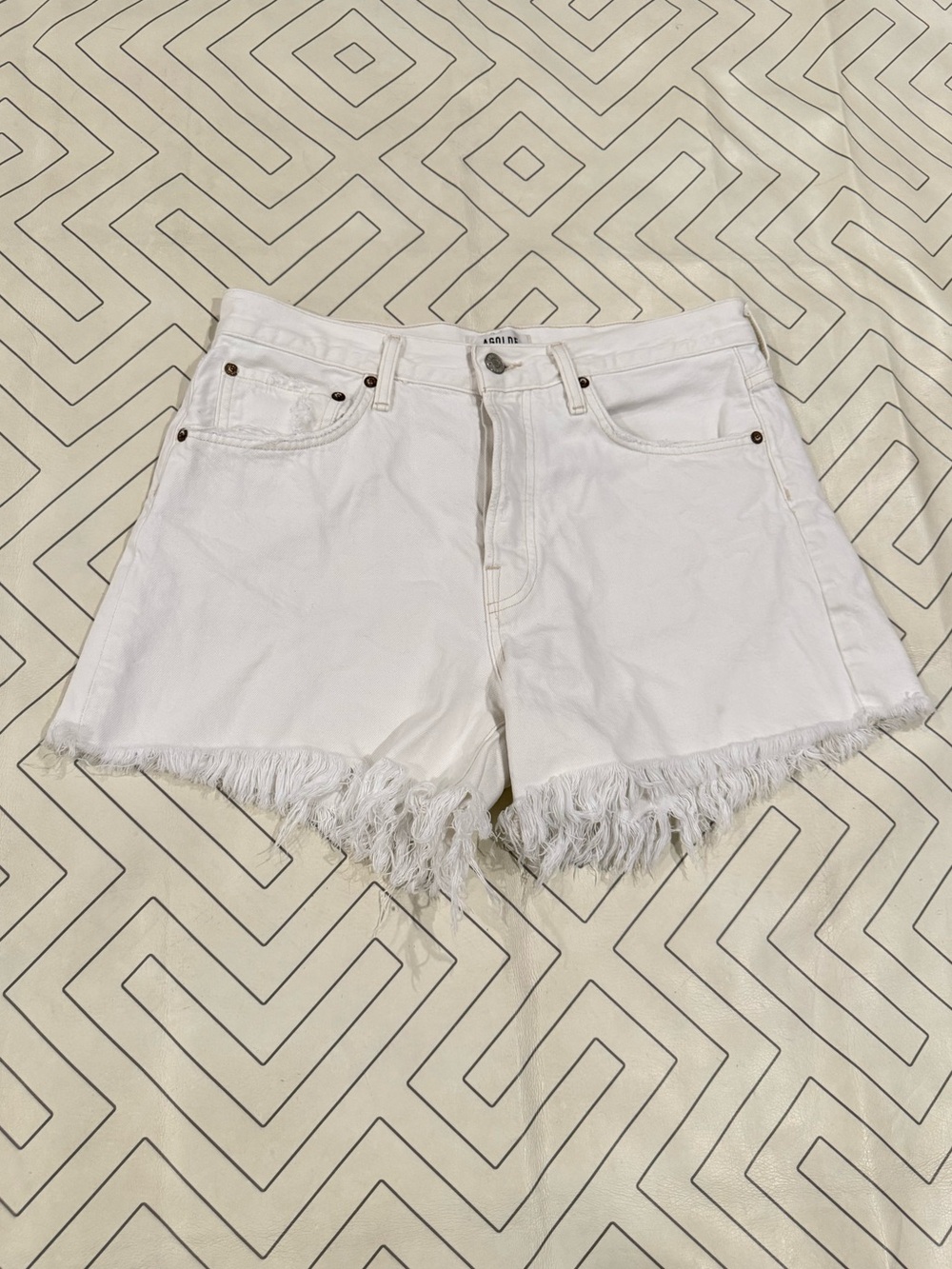 Agolde White Frayed Hem Parker Long Denim Shorts